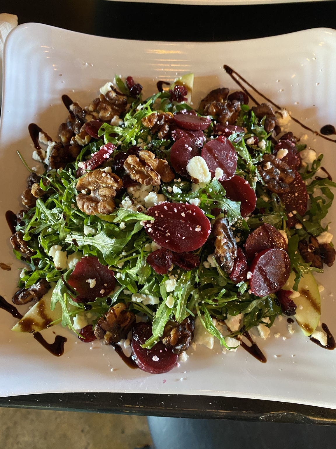Beet, arugula, and walnut salad prepared by Gaetano Mazza