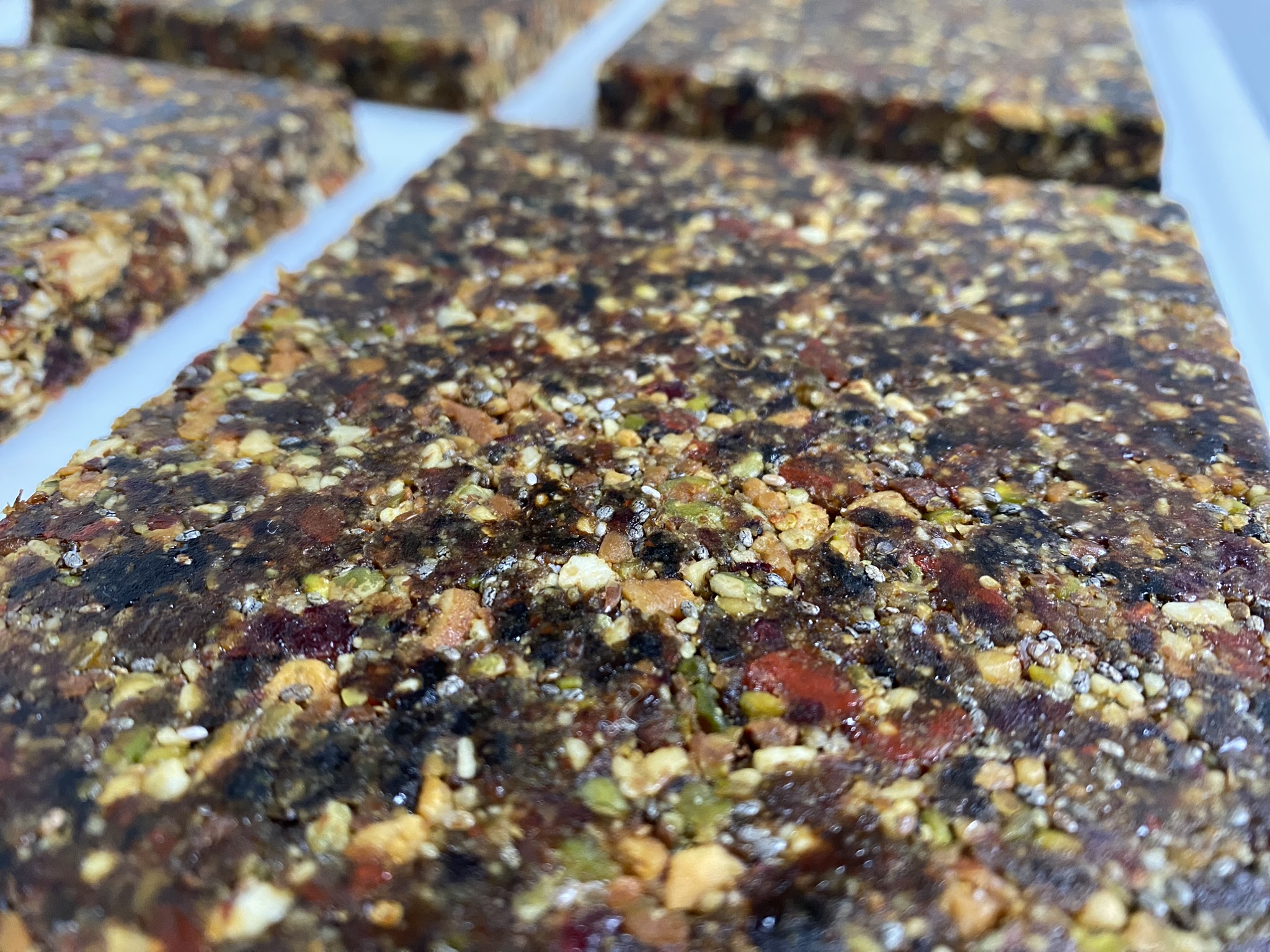 Cherry Pistachio G-Bars arranged in rows.
