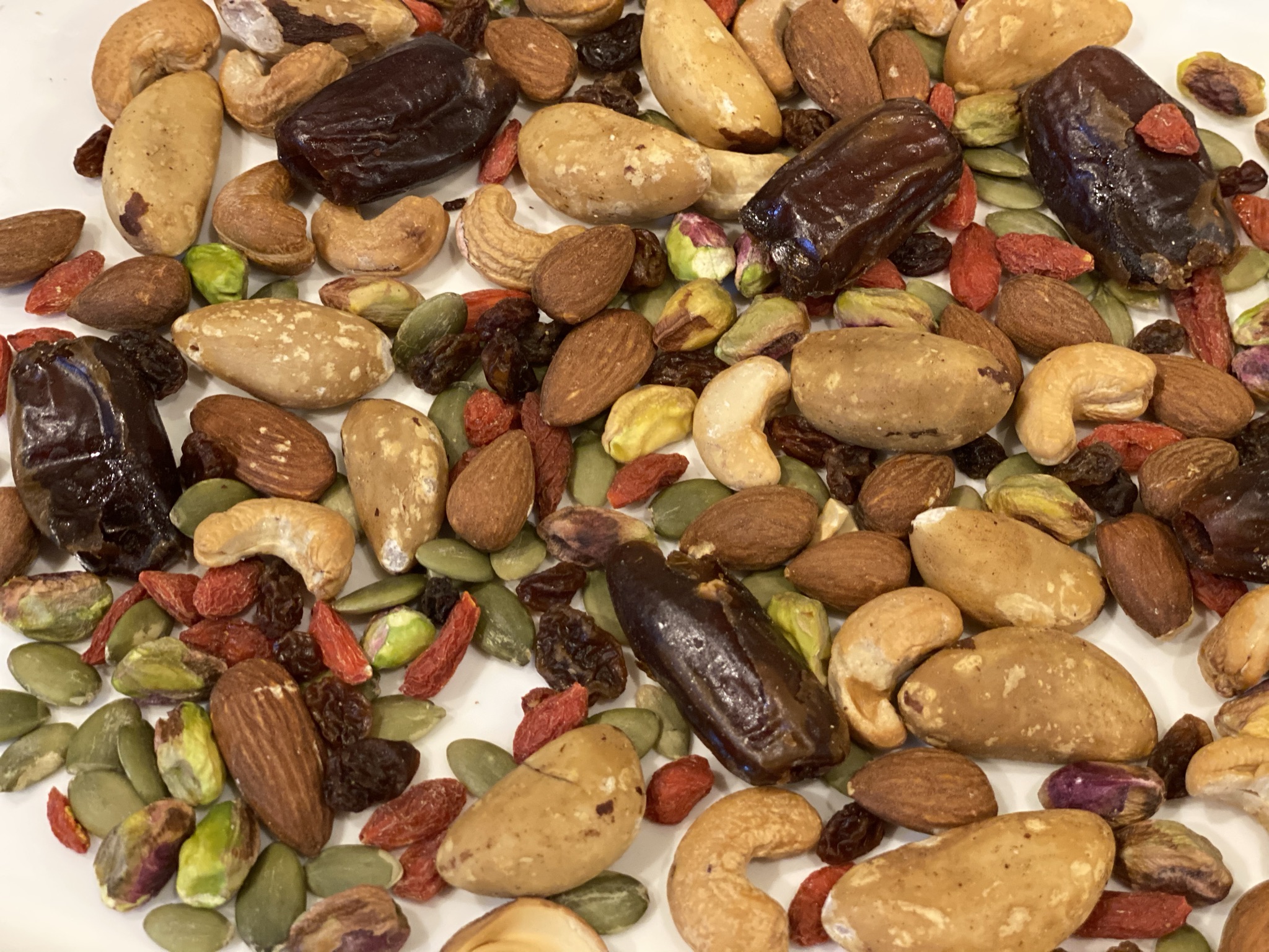 A spread of fruit and nuts.